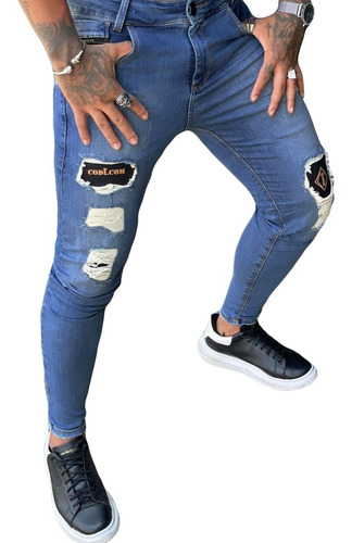 Calça Super Skinny Jeans Destroyed Slim Rasgada Masculina
