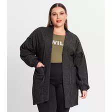 Cardigan Plus Size Em Canelado Tricot Secret Glam Preto