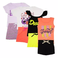 Kit 4 Conjuntos Infantil Feminino Blusa + Short Com Estampa