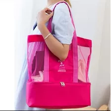 Bolsa Praia Piquenique D Ombro Tela C/ Compartimento Térmico Cor Rosa