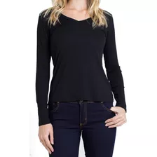 Blusa Básica Feminina Manga Longa Paris Decote V Kit 2 Un