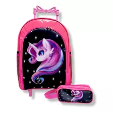 Mochila Unicornio Rodinhas Duas Repa + Estojo De Lapis Pink