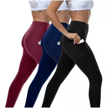 Kit 3 Leggings Lisas Cós Alto Bolso Lateral Mulheres Altas