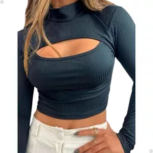 Cropped Decote Manga Longa Canelado Feminino