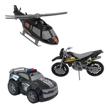 Kit De Brinquedos De Polícia Com Carro Moto E Helicóptero