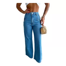 Calça Jeans Pantalona Feminina Detalhe No Bolso Tendência