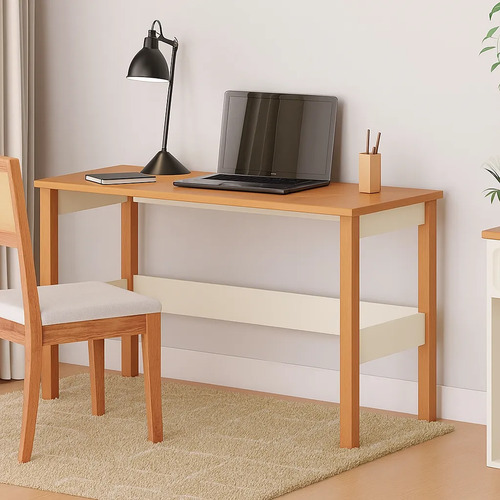 Escrivaninha Mesa Escritório Em Madeira Maciça 120cm Off-white/mel