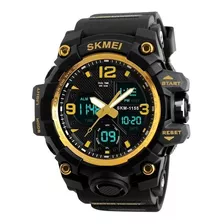 Reloj De Pulsera Skmei 1155 De Cuerpo Color Negro, Analógico-digital, Para Hombre, Fondo Negro, Con Correa De Poliuretano Color Negro, Agujas Color Blanco Y Oro, Dial Oro, Subesferas Color Negro, Minu