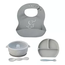 Set Papubaby De 1 Babero, 1 Plato Divisiónes Y 1 Bowl C/tapa Color Gris