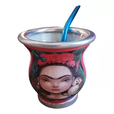 Mate Forrado Vidrio *frida* + Bombillas Azul 