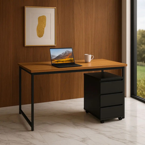 Kit Gaveteiro 3 Gavetas E Mesa Multiuso Ideal P/home Office Mel/preto