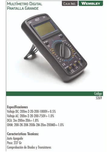 Tester Digital Multimetro Wembley Pantalla Grande 5269 Dgm