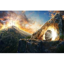 Painel Túmulo De Jesus Cristo Cruz E Luz Páscoa - 200x150cm