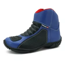 Bota Motociclista Couro Legitimo Zíper Palmilha Gel Azul 305