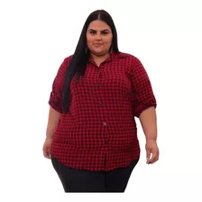 Camisa Xadrez Plus Size Manga Longa Feminina 