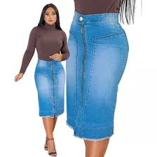 Saia Jeans Midi Moda Evangelica Premium Em Zíper E Elastano