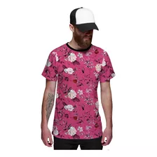 Camisa Camiseta Masculina Rosa Floral Verão 2019 Top