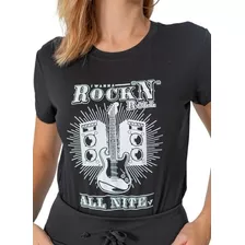 Camiseta T-shirt Feminina Rock And Roll Guitarra - Preta