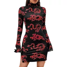 Vestido Negro Manga Larga Dragones Importado Shein Aesthetic