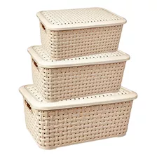 Kit 3 Cestos Rattan Organizadores Empilháveis Retangulares