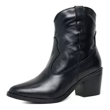 Bota Western Texana Bico Fino Cano Curto Couro Preta Feminin