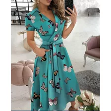 Mujer Elegante Manga Corta Solapa Cinturón Impreso Vestido