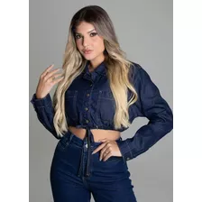 Jaqueta Jeans Feminina Com Botão E Bolso