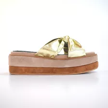 Sandalias Plataformas Cuero Dorado Base Moda Tendencia Quica