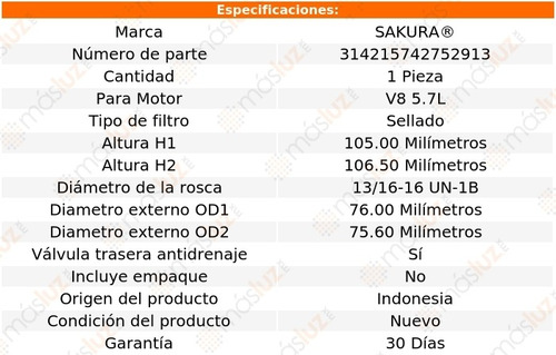 1) Filtro Aceite Chevrolet Sonora 8 Cil 5.7l 01 Sakura Foto 2