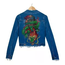 Campera Jean Azul Elastizado Dragon Chino Oriental Pintada