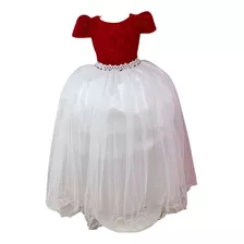 Vestido Infantil Vermelho C/ Renda E Saia Branca Damas Longo