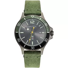 Relógio De Pulso Nautica Napabf919, Analógico, Para Homem, Fundo Prateado, Com Pulseira De Couro Verde Musgo E Fivela Simples