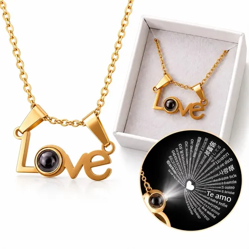 Collar Te Amo En 100 Idiomas Dije Love Proyección Dorado Dorado