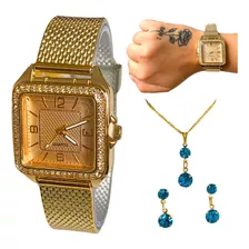 Relógio Dourado Feminino Minimalista E Conjunto Brinco Colar