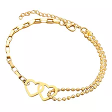 Pulsera De Tobillo Mujer Corazón Doble De Acero Dorado Pie