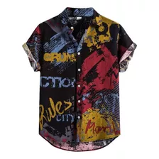 Z Camisa Hombre Lino Manga Corta Estampado Étnico Hawaiano 4