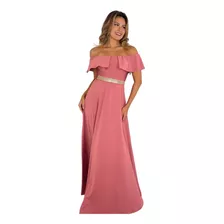 Vestido Longo Festa Madrinha Ombro Rosê Faixa Strass Vl884