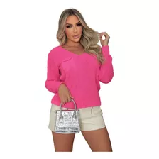 Blusa Tricot Bolsinho Na Frente Manga Longa Moda Feminina