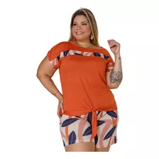 Conjunto Feminino Plus Size Blusa Shorts Amarrar Bermuda G2