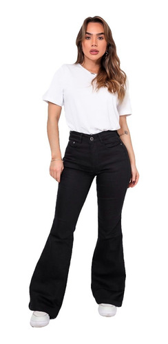 Calça Feminina Consciência Jeans Preta Flare Mulheres Baixas
