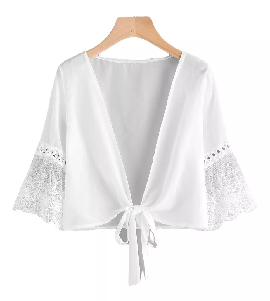 Blusa Blanca Delgada Puños Crochet Transparencia Shein
