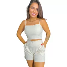 Conjunto Feminino 2 Peças Short E Cropped Em Linho Kit Verão