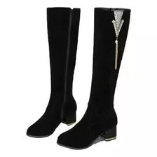 Botas Altas Negras Con Cremallera Y Tacón Grueso Para Mujer