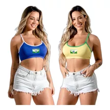 Kit 2 Top Feminino Brasil Nadador Fina Cropped Copa Mundo