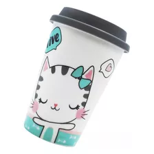 Vaso Termo Para Café Con Tapa Porcelana Diseño Gato 400ml Color Gato Tapa Gris Vaso Blanco