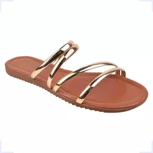 Sandalias Feminina Rasteirinha Slide Com Tiras Douradas