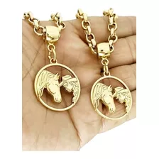 Colar Elo Português Cavalo Country + Pulseira Banho Ouro 