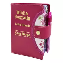 Bíblia Sagrada Letra Grande - Botão Pink C/ Harpa 12x16cm