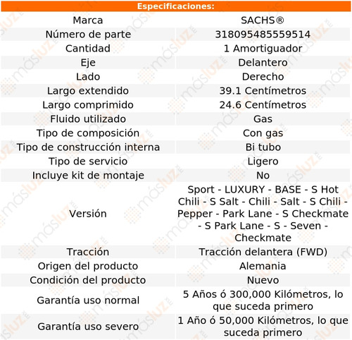 1- Amortiguador Gas Delantero Der Cooper L4 1.6l 02/06 Sachs Foto 2