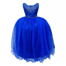 Vestido Infantil Realeza Azul Royal Renda Pérolas Festa Luxo